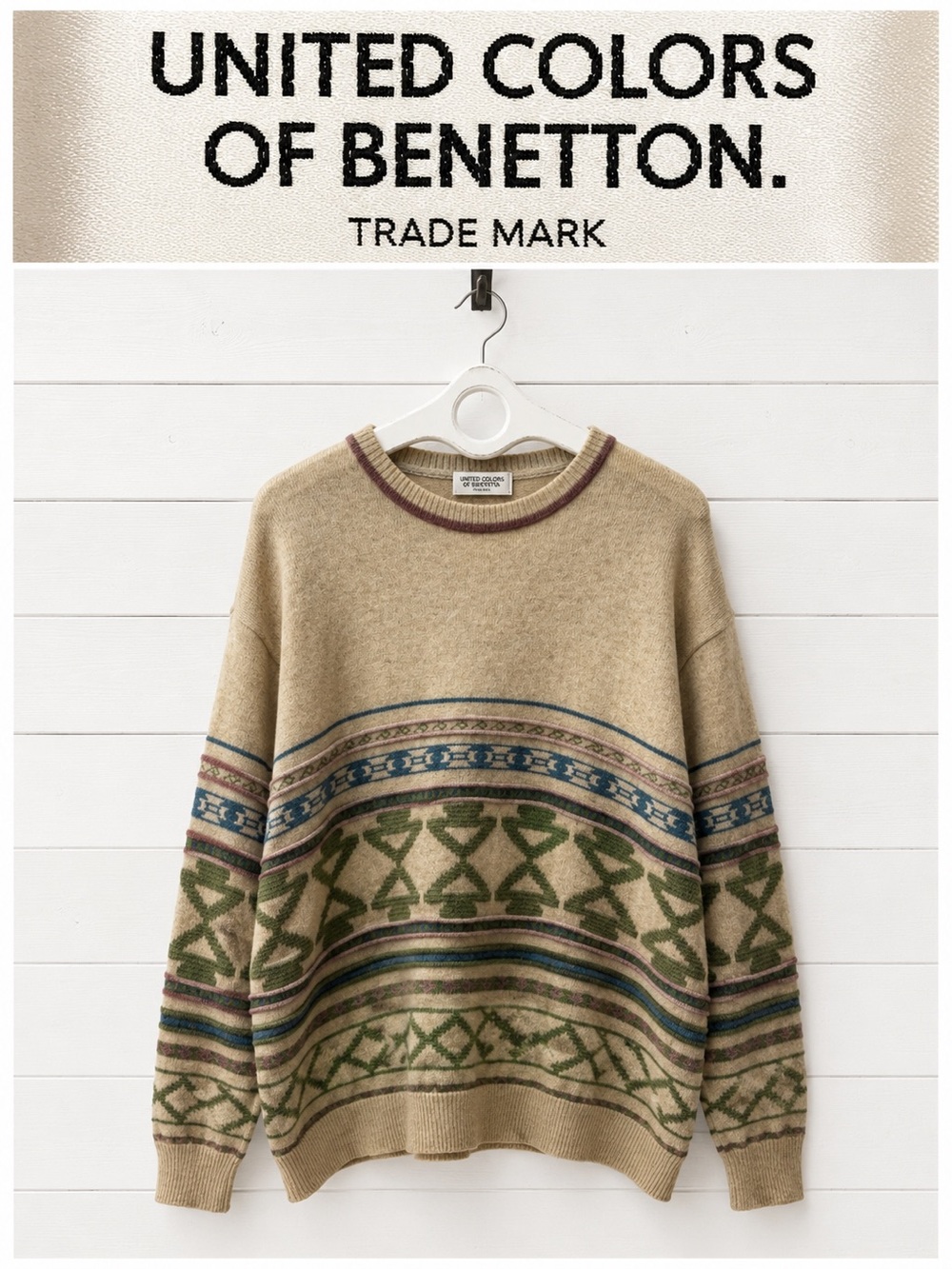 United Colors of Benetton – Vintage Wool Patterned Sweater – Unisex Size L